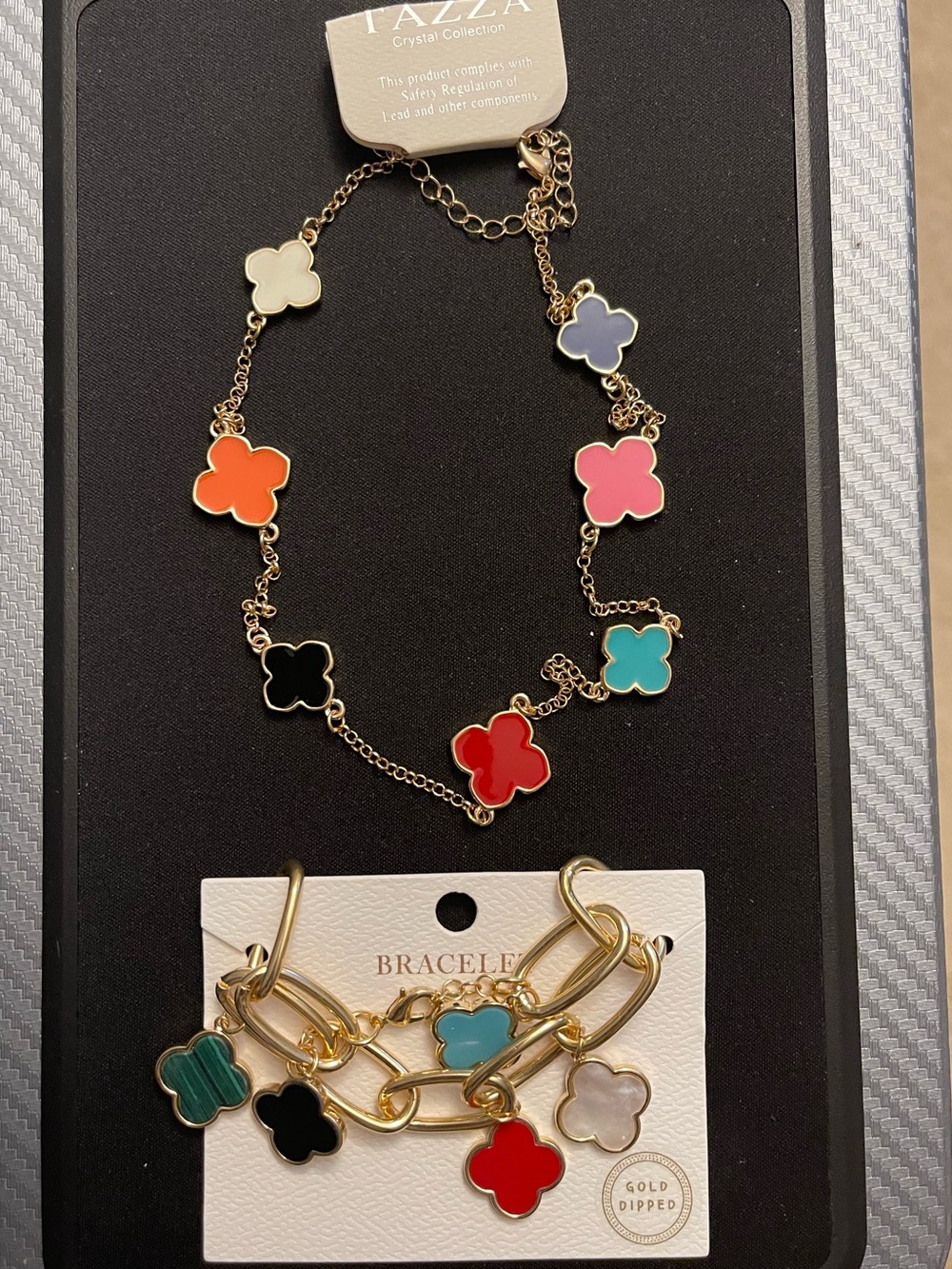 Tazza Gold-Tone Multi-Color Clover Necklace & Bracelet Set
